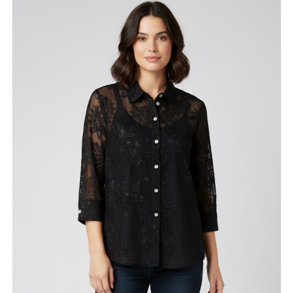 MIRASOL Floral Textured Button Down Semi Sheer Shirt, Women’s M, Black